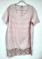 Italian Lagenlook pink linen dress shabby chic boho sz 16 UK loose style