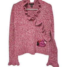 Sydney Easton Pink Red Crochet Sweater With Ruffle Neckline Flower Size Medium 