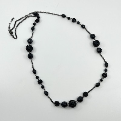 VTG Retro Gothic Black Beaded Station Necklace Gunmetal Chain Chic Boho Jewelry