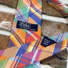 Vintage Polo Ralph Lauren Madras Cotton Tie Multicolor Plaid Pattern Necktie