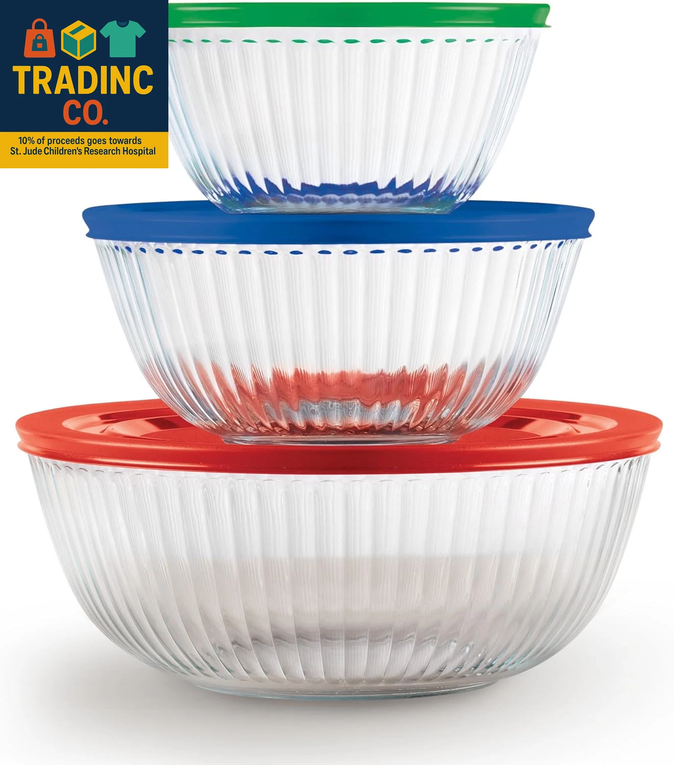 Sculpted (3-Pack) Glass Mixing Bowls Set with Lids for Prepping, Baking and Cook