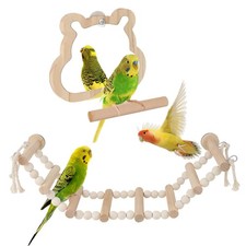 Reshiho Bird Mirror with Perch  8-Step Ladder for Cage - Natural Wood