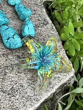 Blue Faux Turquoise Bead Glass Starfish Beach Necklace 925 Silver Clasp Jewelry