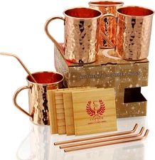 Gift Set Pure Copper Hammered Mugs with Copper Straws & Wooden Coasters Set of 4