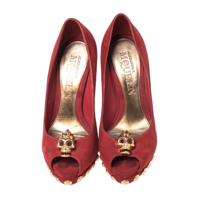 Alexander McQueen Red Suede Skull Embellished Peep Toe Pumps Alexander McQueen Red Suede Skull Embellished Peep Toe Pumps