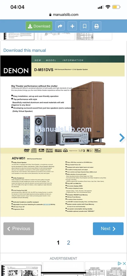 DENON 2.1ADV-M51 MINI AMPLIFIER CD DVD PLAYER, DSW-3L SUB PACKAGE, TUNER, REMOTE - Image 3 of 4