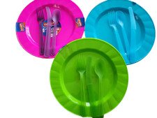 24 PIECE DINNER SET PICNIC CUTLERY PLATES CAMPING BBQ SET blue green purple