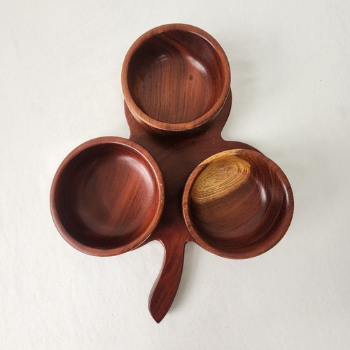Hand-Carved Hard Wood Clover Snack Tray Natural Grain Finish VTG 90s Boho Chic - Picture 12 of 14