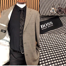 Vtg Hugo Boss ITALY Wool 44 L Textured Gray Micro Check Sport Coat Blazer Jacket