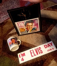 ELVIS PRESLEY RARE CLOCK AND  COFFEE  CUP  of  ELVIS STAMP