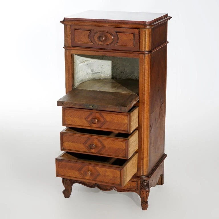 Antigo Baú Francês Luís XVI Esculpido em Nogueira, Kingwood e Mármore Forrado de Zinco século XIX - Imagem 4 de 4