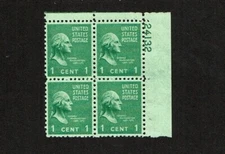 1938 U.S. PRESIDENTIAL SERIES 1c Grn WASHINGTON Plt#Blk of 4 Sc#804 M/NH/OG ^