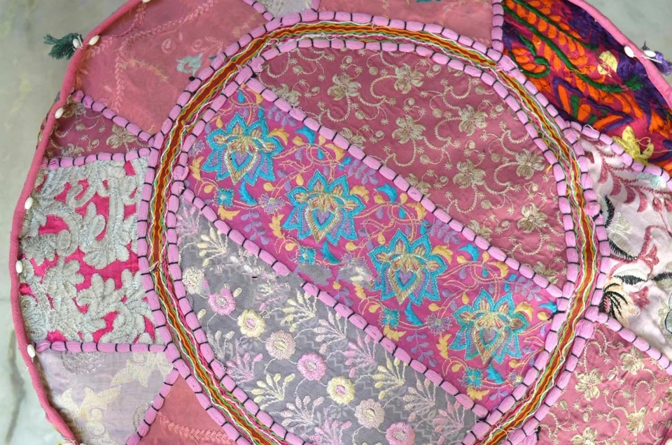 Puf redondo de retazos indios cubierta otomana taburete de pie cubierta de puf marroquí Foto 2 de 3