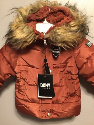 DKNY Baby Mädchen Kleinkind 24 Monate/2 Jahre Terrakotta Mantel abnehmbare Kapuze Fell