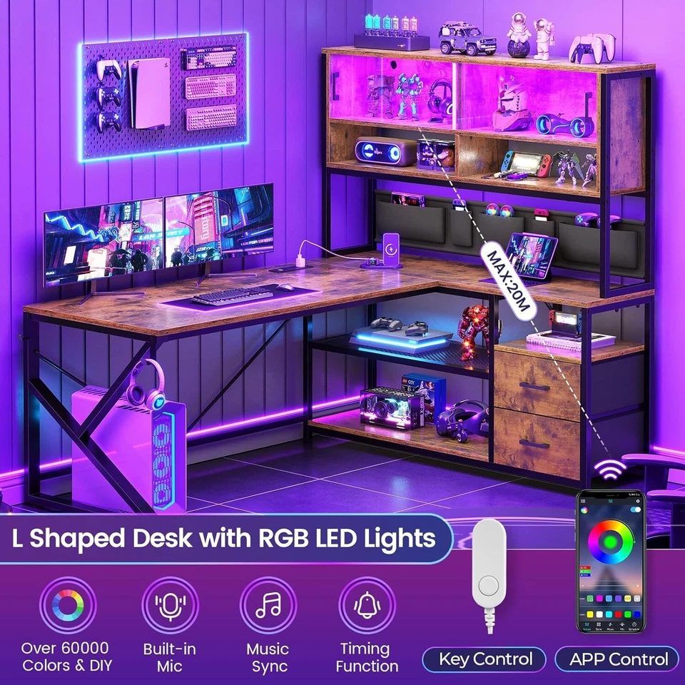 L Shaped Computer Desk with 2 Drawers, LED Lights &Bookshelf, Corner Office Desk - Image 3 of 4