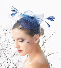 Navy Blue Feather Wedding Fascinator Cocktail Party Woman Headpiece Polka Dot