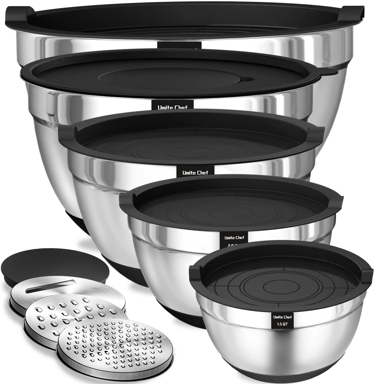 Umite Chef Mixing Bowls with Airtight Lids, 8PCS 5, 4, 3.5, 2, 1.5QT, Black