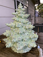 Light Green Ceramic Lighted Tabletop Christmas Tree w/ Cord Pearl Finish Decor