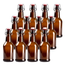 Barcaloo 16oz Amber Glass Beer Bottles for Home Brewing - 12 Pack with Flip Caps