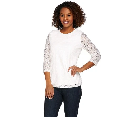 Denim & Co. Size 2X White 3/4 Sleeve All Over Lace Top