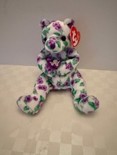2003 Corsage Beanie Baby White Bear with Purple Flowers with Green Foliage 