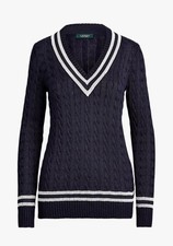 Ralph Lauren Varsity Striped Cricket Cable Knit V Neck Sweater Navy Size Small