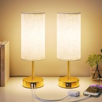 Nachttischlampe Touch Dimmbar 2Er Set USB-A USB-C Ladefunktion Leinen Gold