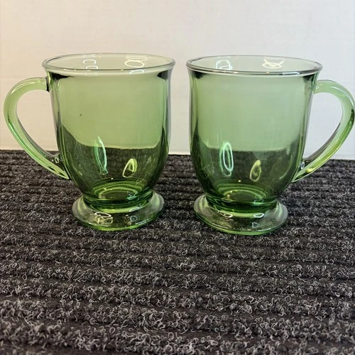 Vintage Anchor Hocking Fern Green Cups/ Mugs With Handle Glass Heavy Set Of 2