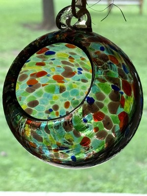 Hand Blown Multicolored Glass Bird Feeding Ball Hang In Garden Preowned beauty!