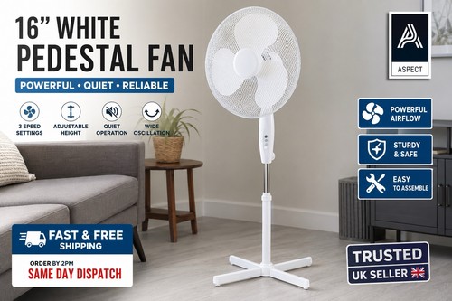 ASPECT 16 Inch Oscillating Electric 3 Speed Stand Pedestal Cooling Fan White
