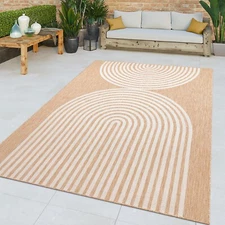 Modern Indoor and Outdoor Rug with Minimalist Arch Line Pattern in Brown Beige