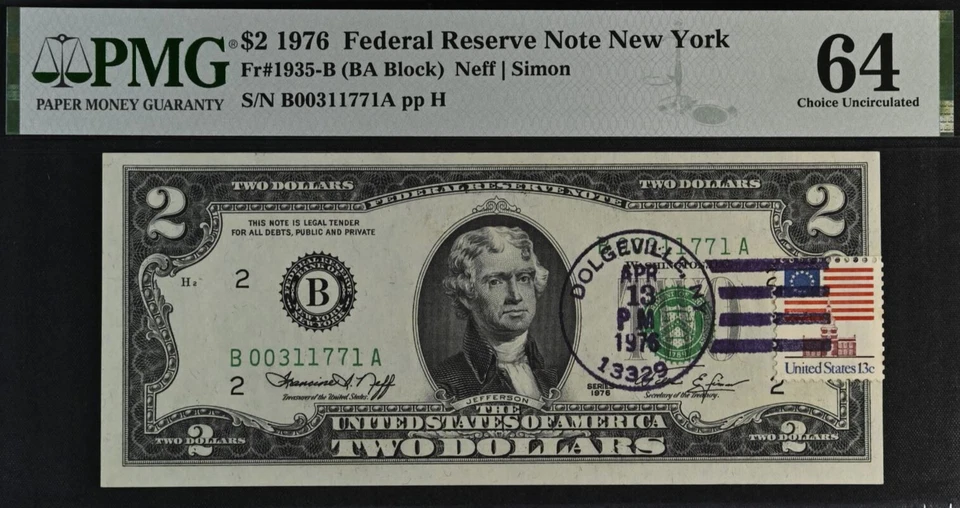 1976 $2 Federal Reserve Note PMG 64 First Day Stamp Dolgeville, New York 0311771 - Image 2 of 3