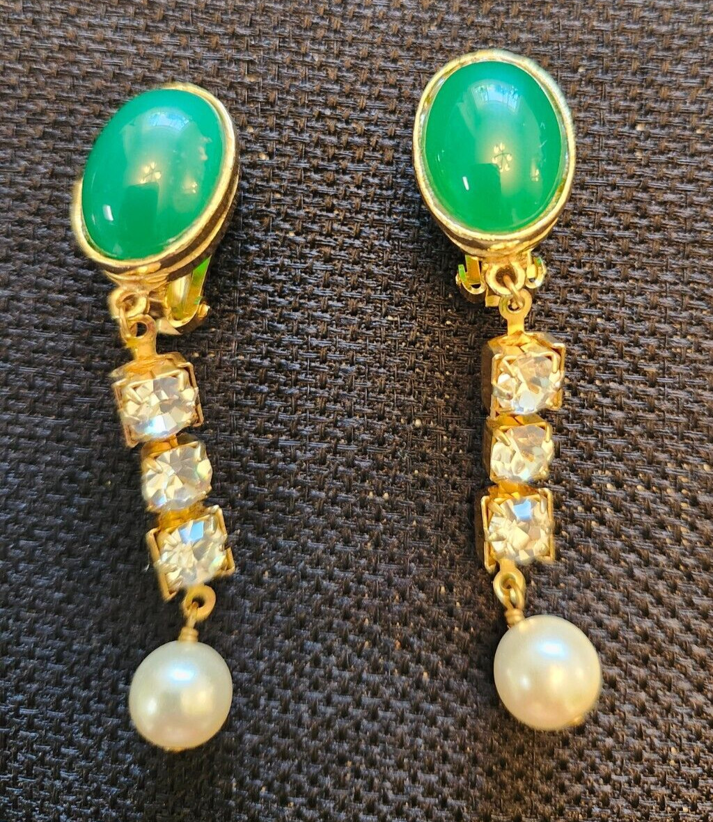 Kenneth Jay Lane Vintage 1970's Green Stone, Crys… - image 1
