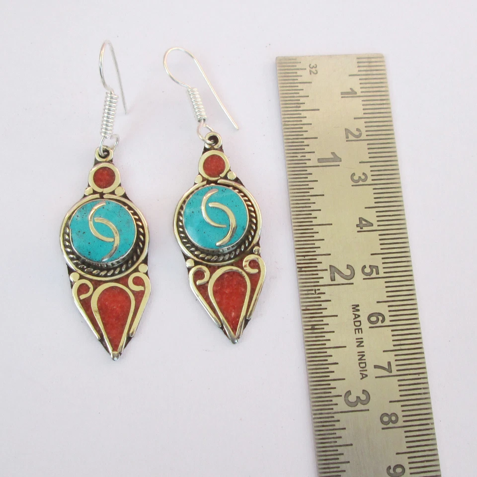 Pendientes Tribales Genuinos Turquesa Coral Multicolor para Mujer Festival Joyería Foto 3 de 4