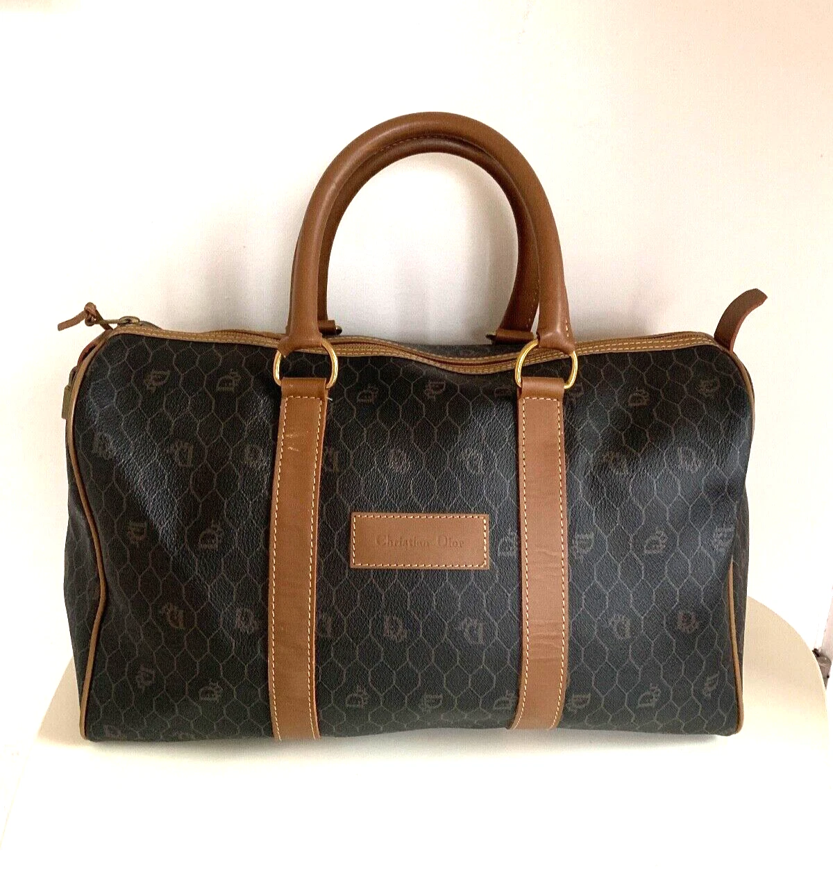 Sac de voyage trotteur Dior Boston marron nid d'abeille monogramme PVC cuir France