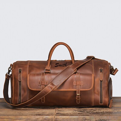 Personalized Leather Travel Duffel Bag, Mens Classic Gift Leather Weekend Bag