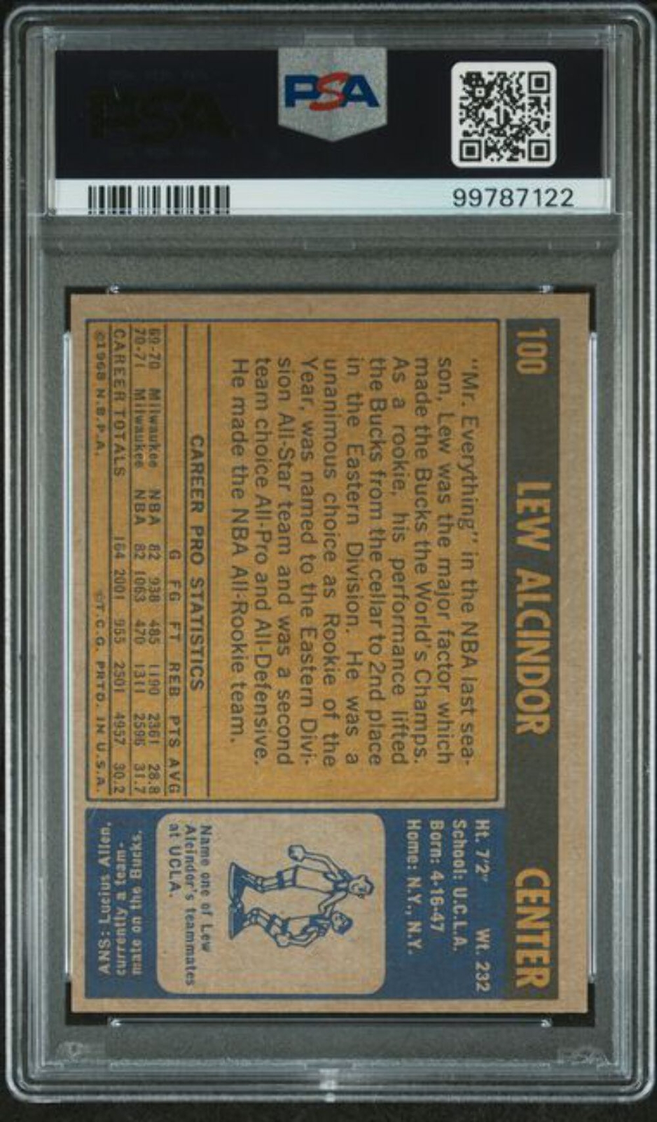 Graded 1971 Topps Lew Alcindor Kareem Abdul-Jabbar #100 Basketball Card PSA 6 EX view 2