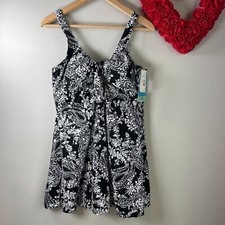 Swim Solutions Swimdress Padded Tummy Control Sz 18 Paisley Black White