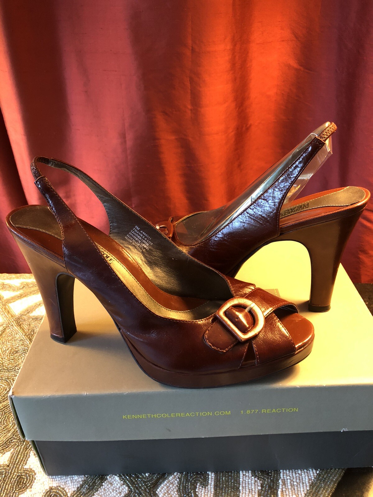 LOTTO KENNETH COLE REACTION SIZE 9 THANKS A LOT SLINGBACK PEEP TOE SHOES~brown Color