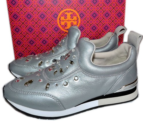 Tory Burch Sneakers LANEY Crystals Slip-On Silver Leather Shoe Shoes 10.5 - Picture 6 of 12