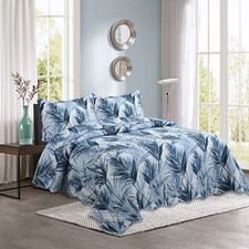 Embossed Pinsonic Printed Bedspread Coverlet Soft Quilt Set, Modern Blue Leaves