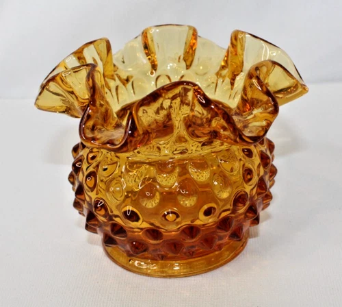 Vintage Signed Fenton Small Hobnail Amber Rose Bowl Ruffle Vase 3" Art Glass