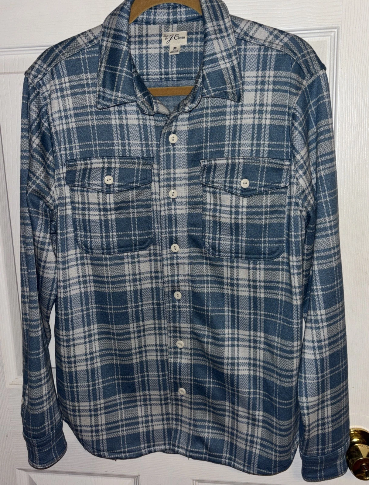 J Crew M Seaboard Soft Thick Knit Button Up Plaid Shirt Blue Utility Shacket