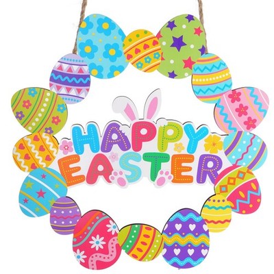 Wooden Easter Decorations Happy Easter Wreath Sign Bunny Flower Eggs Spring f...