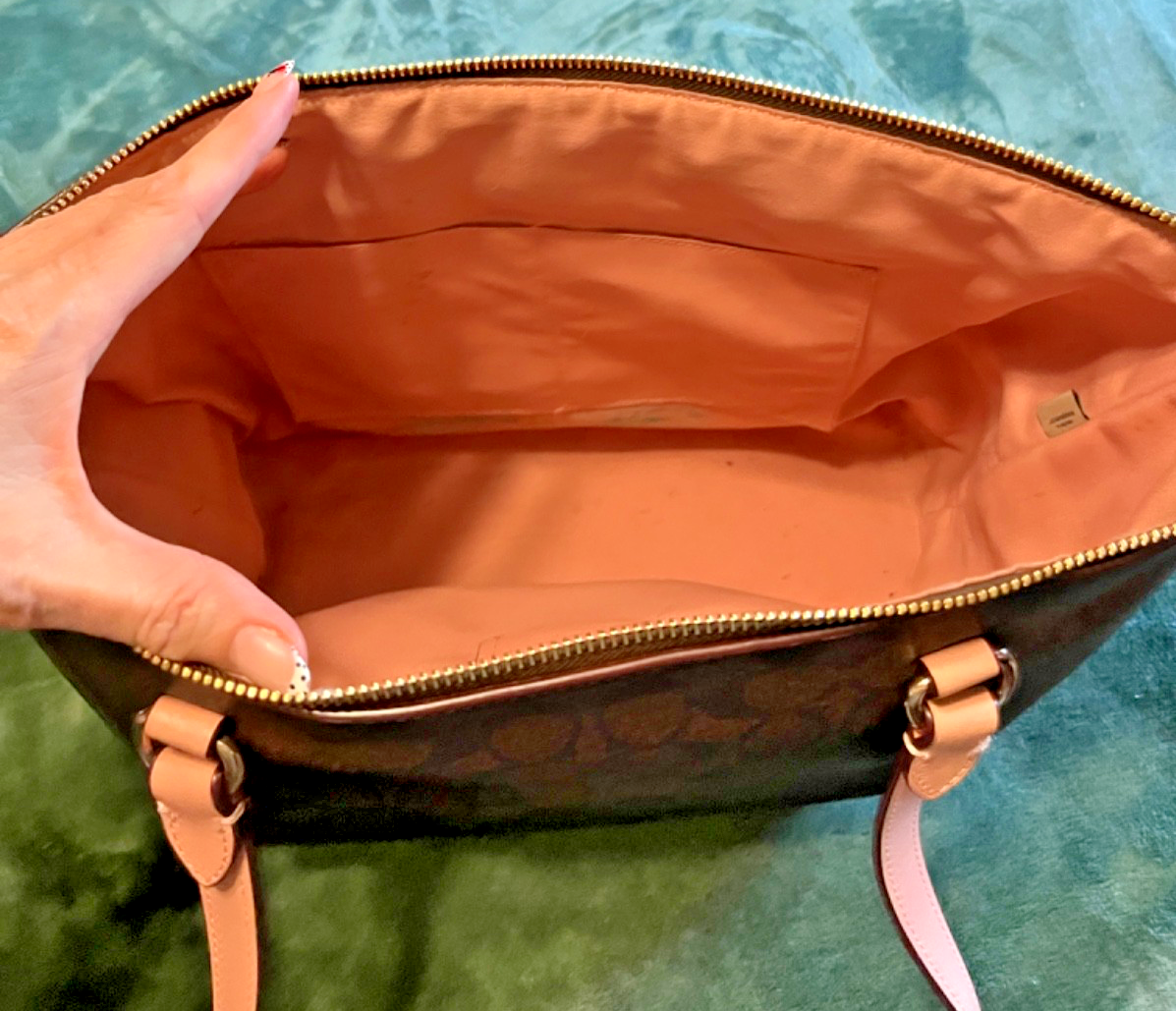 Coach Tote Shoulder Bag Dark Brown w/ Peachy Pink Straps & liner