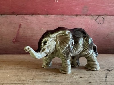 Glossy Porcelain Elephant Figurine Brown & Gray With Upturned Trunk