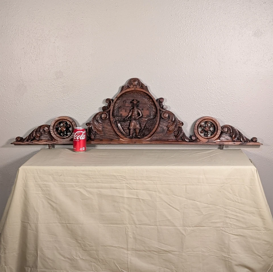 French Breton/Brittany Antique Carved Chestnut Wood Pediment Crest Crown - Image 2 of 4