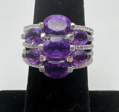 Colleen Lopez Silver Oval Amethyst & White Zircon 7-Stone Ring. Size 9
