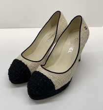 CHANEL Tweed Pumps G27495 White Bicolor Women’s Shoes Size US7 EU37C Authentic