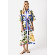 Farm Rio Tropical Destination Linen Midi Dress Sz XS Summer Vacation Bright NWT